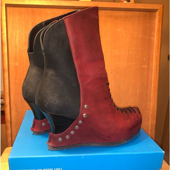 John Fluevog Red Conquer Maleika Studded Wedge Ankle Boots - Picture 5 of 8